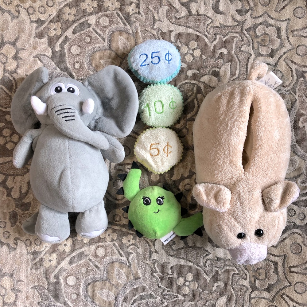Squeak Toys: Grey Plush Elephant, Vintage 1988 Piggy Bank /Coins & Green Crab